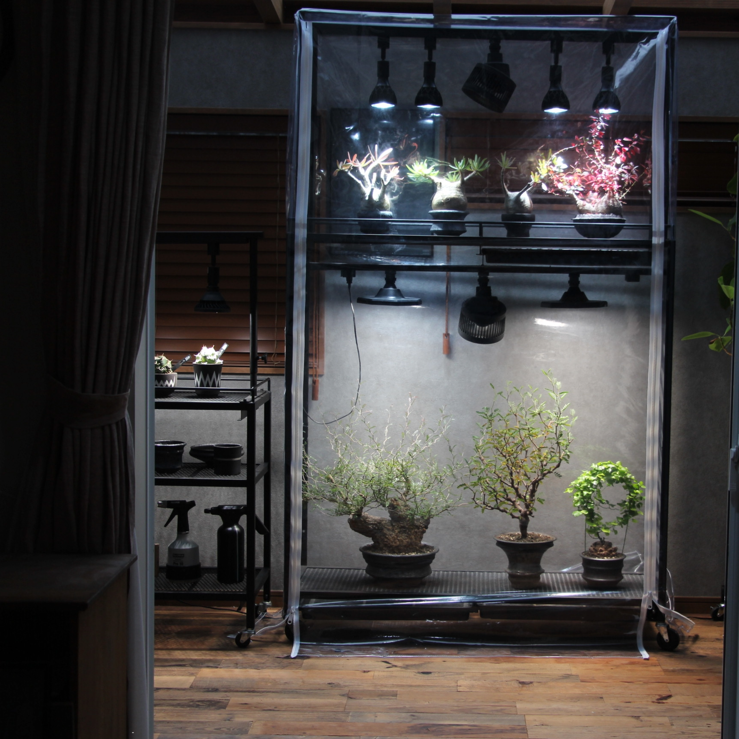 可動式水受けトレー付き植物棚用温室カバー